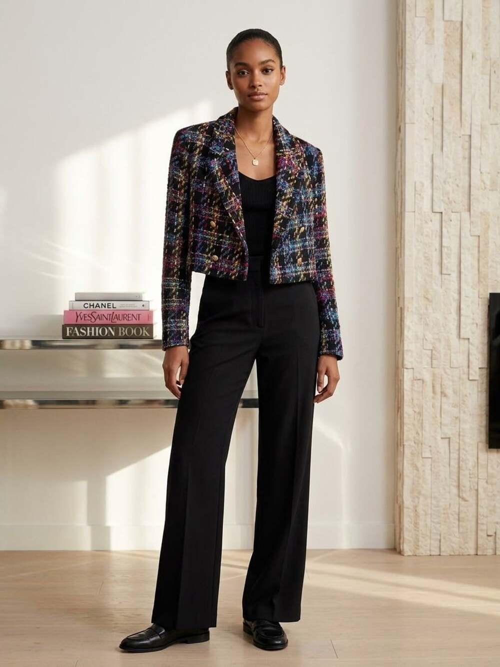 Zara Multicolor Cropped Tweed Blazer Jacket Size M